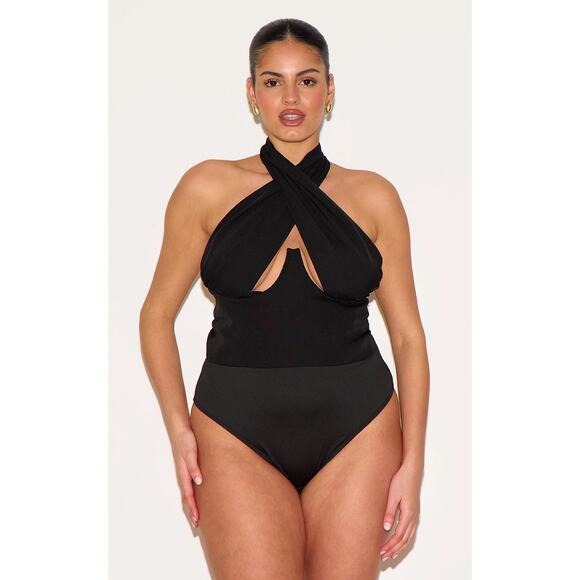 NEW Pretty Little Thing plus black woven cross front underwired top size 24 NWT - Picture 1 of 8